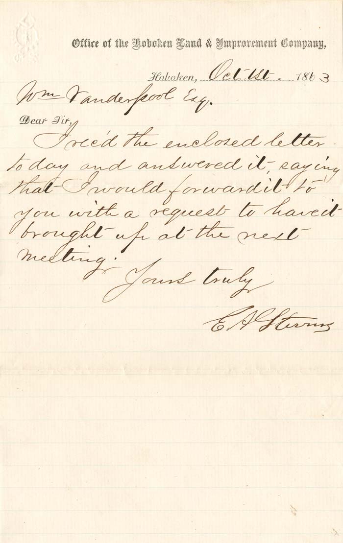 Edwin Augustus Stevens signed Letter - 1863 dated Autograph Letter Signed